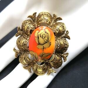 Vintage Orange Lucite Rose Cameo Brooch Gold Tone Ornate Frame 1960s